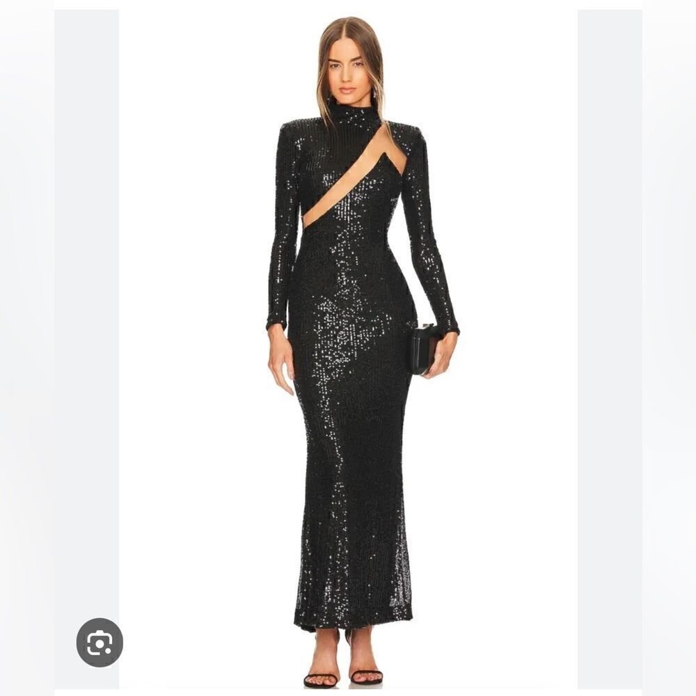 NEW Michael Costello x Revolve Houston Sequins Mesh Maxi Dress in Black.Size M